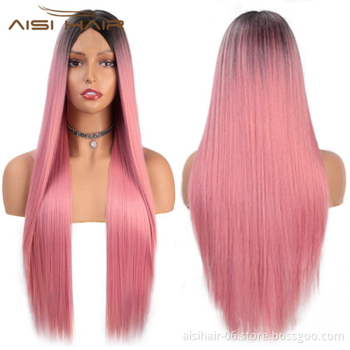 Aisi Hair Hotselling Party Wholesale Vendor Long Silky Straight Natural Wave Ombre Pink Wig For Black Women Synthetic Hair Wigs